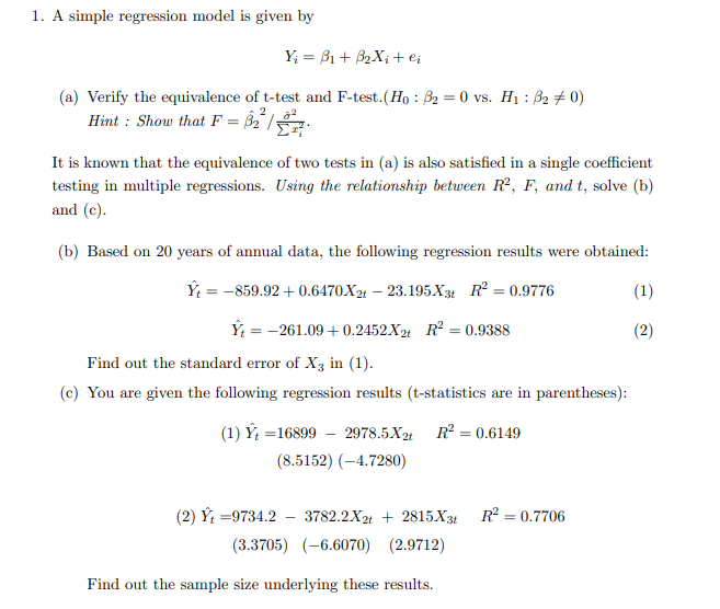 Solved 1. A simple regression model is given by | Chegg.com