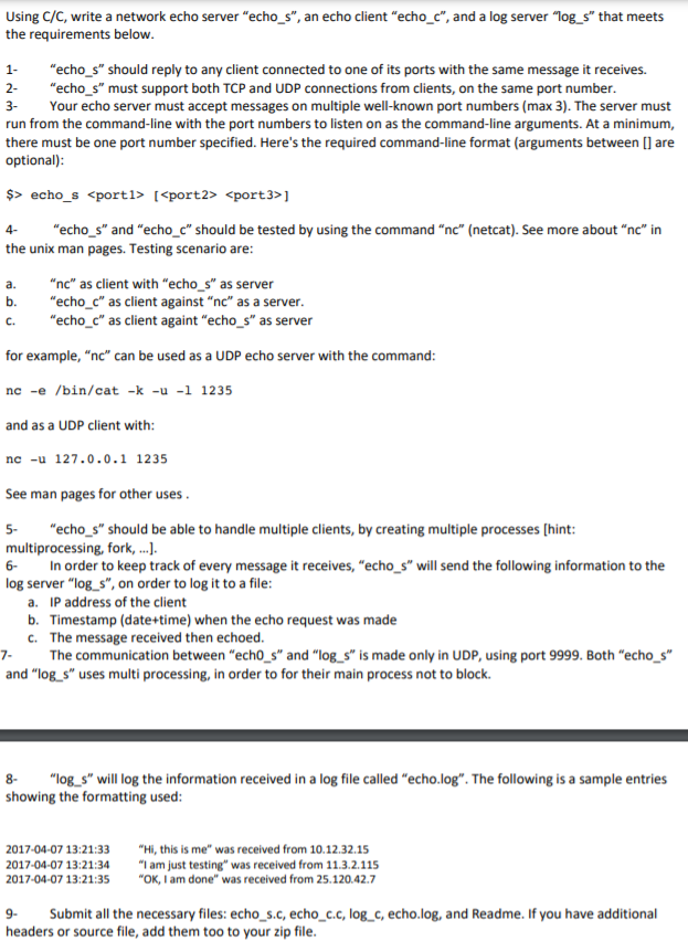 Using C/C, write a network echo server "echo_s", an | Chegg.com
