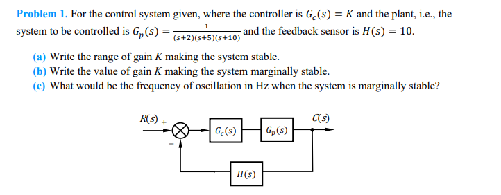 Solved Problem 1. For the control system given, where the | Chegg.com