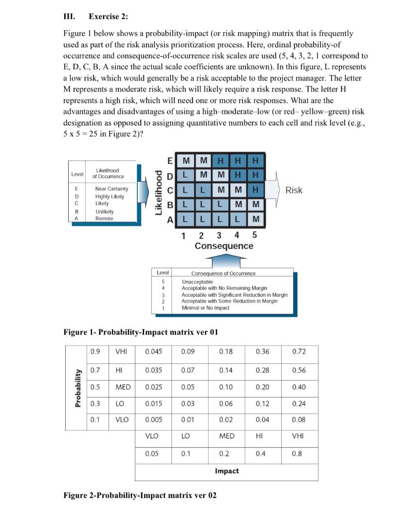 III. Exercise 2:
Figure 1 below shows a probability-impact (or risk mapping) matrix that is frequently used as part of the ri