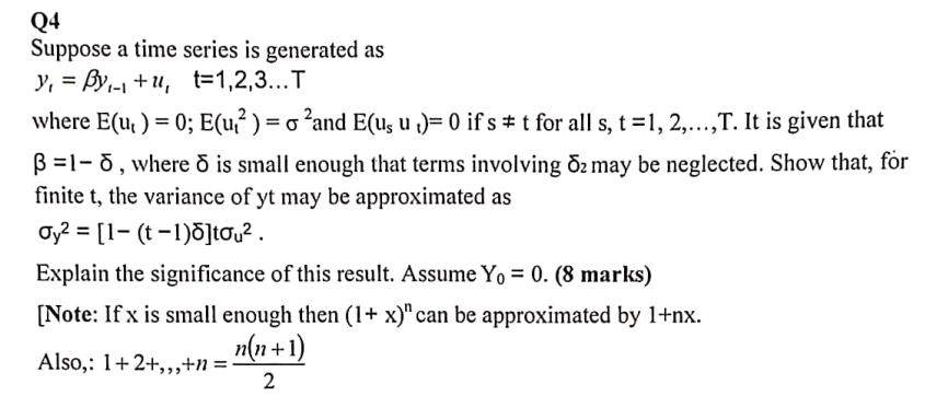 Solved Q4 Suppose a time series is generated as y₁ = y₁+u₁ | Chegg.com
