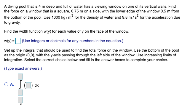 Pool Diving Math Problem Solved A diving pool that is 4 m deep and full of water has | Chegg.com