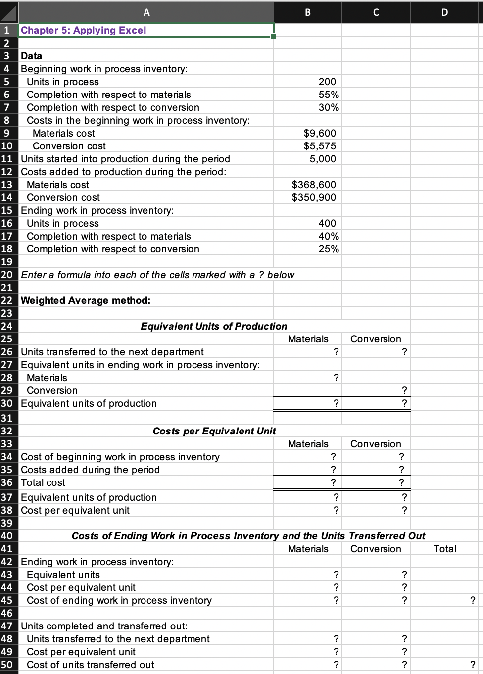 Solved Download the Applying Excel form and enter formulas | Chegg.com