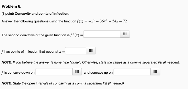 Solved Problem 8. (1 point) Concavity and points of | Chegg.com
