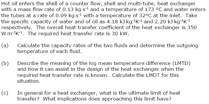 Solved Hot oil enters the shell of a counter flow, shell and | Chegg.com