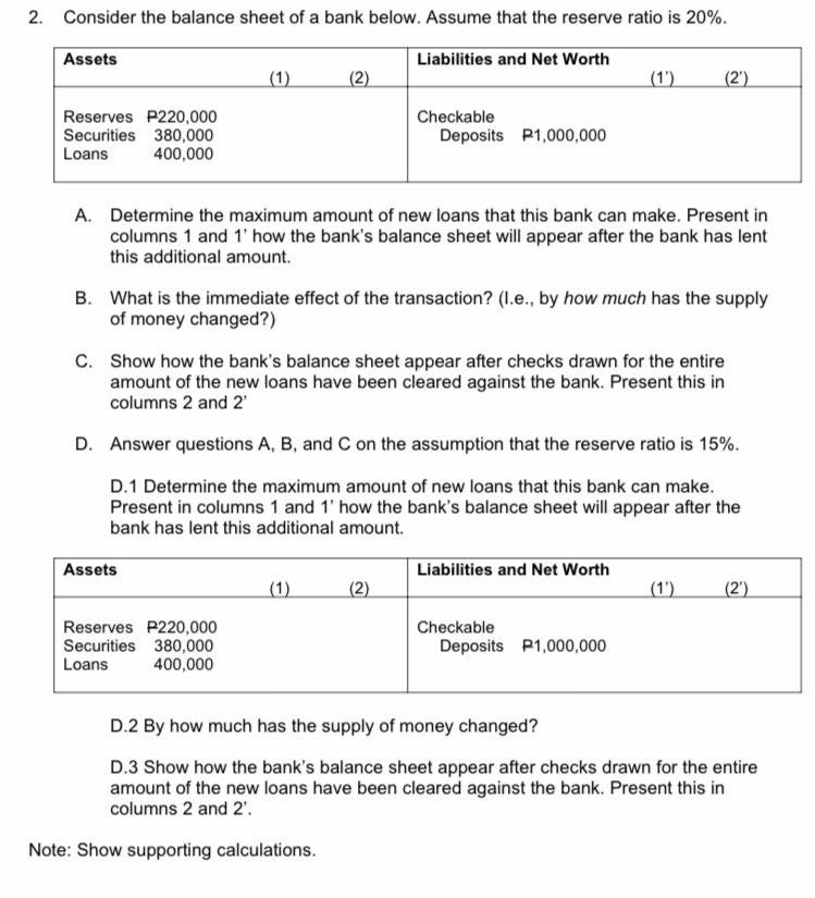 Solved 2. Consider The Balance Sheet Of A Bank Below. Assume | Chegg.com