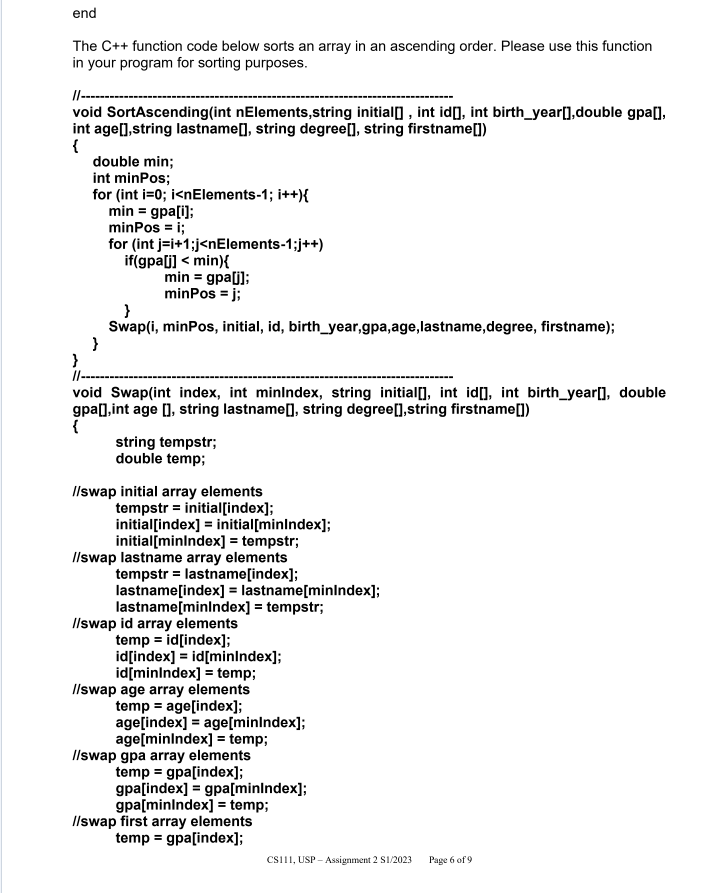 Solved end The C++ function code below sorts an array in an | Chegg.com