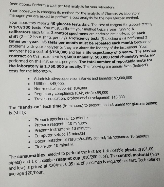 Solved Instructions Perform a cost per test analysis for