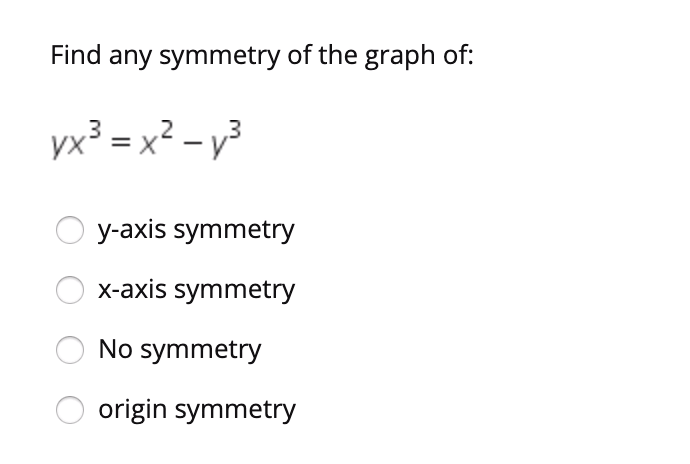 Solved Find any symmetry of the graph of: yx3 = x2 - y3 O | Chegg.com