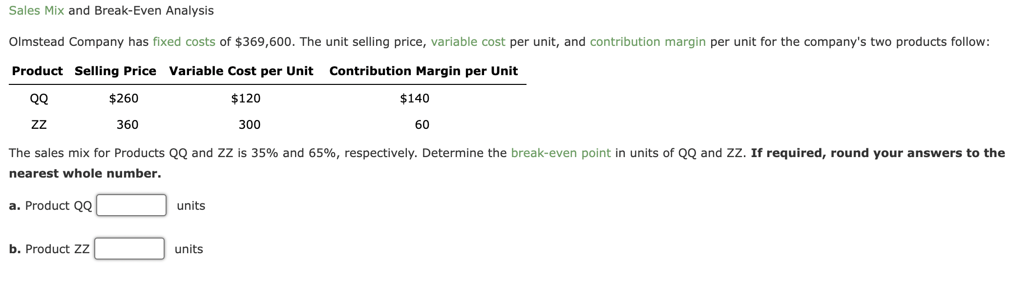 Solved Sales Mix And Break-even Analysis Olmstead Company 