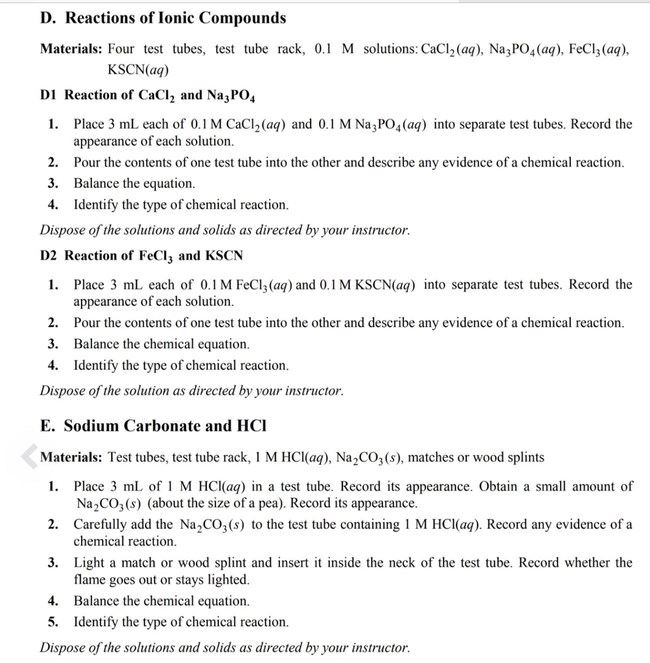 Solved D. Reactions of Ionic Compounds Materials Four test
