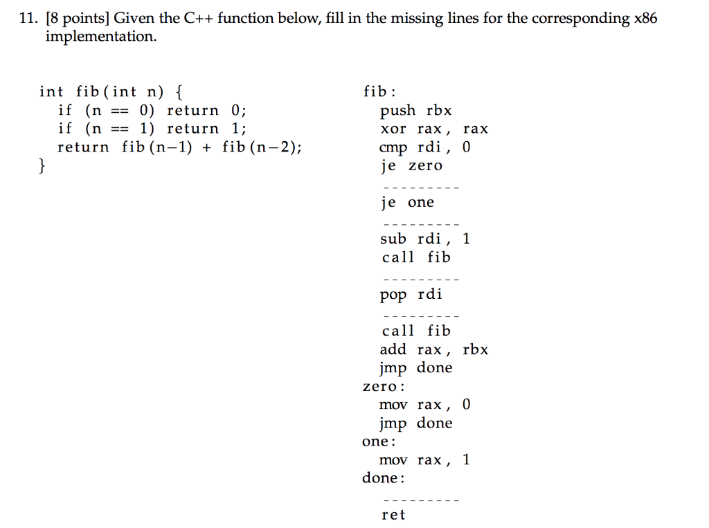 11. [8 points] Given the C++ function below, fill in | Chegg.com