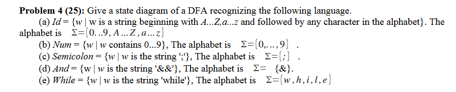 Problem 4 (25): Give a state diagram of a DFA recognizing the following language.
(a) \( I d=\{w \mid w \) is a string beginn