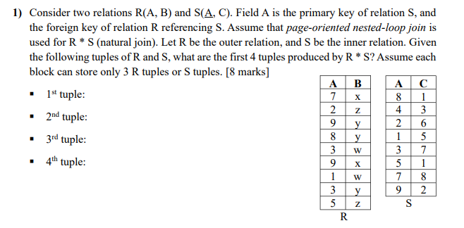 Solved 1) Consider two relations R(A,B) and S(A,C). Field A | Chegg.com