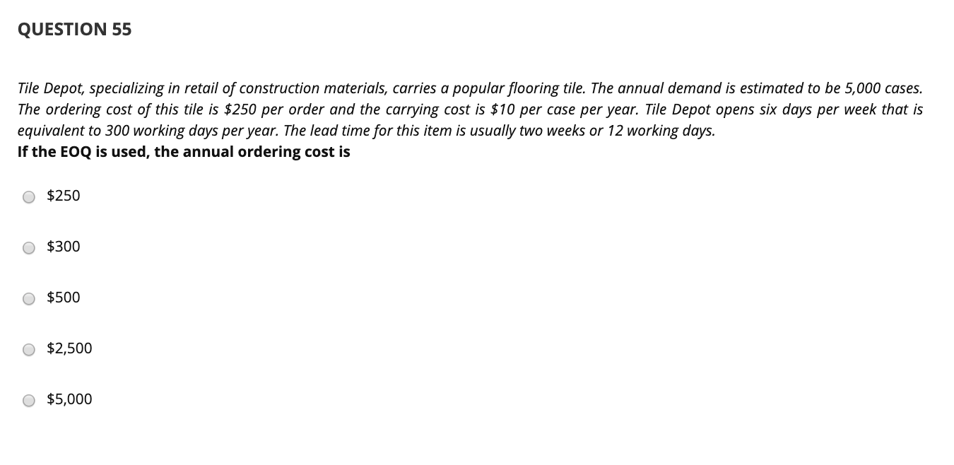 Solved Question 55 Tile Depot Specializing In Retail Of