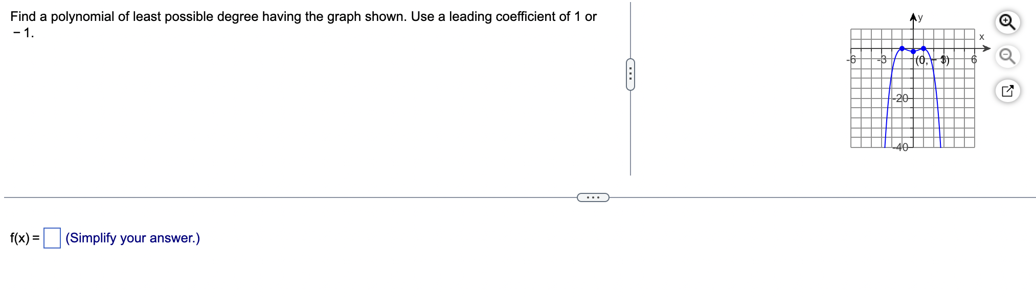 Find a polynomial of least possible degree having the graph shown. Use a leading coefficient of 1 or \( -1 \).
\( f(x)= \)
(S