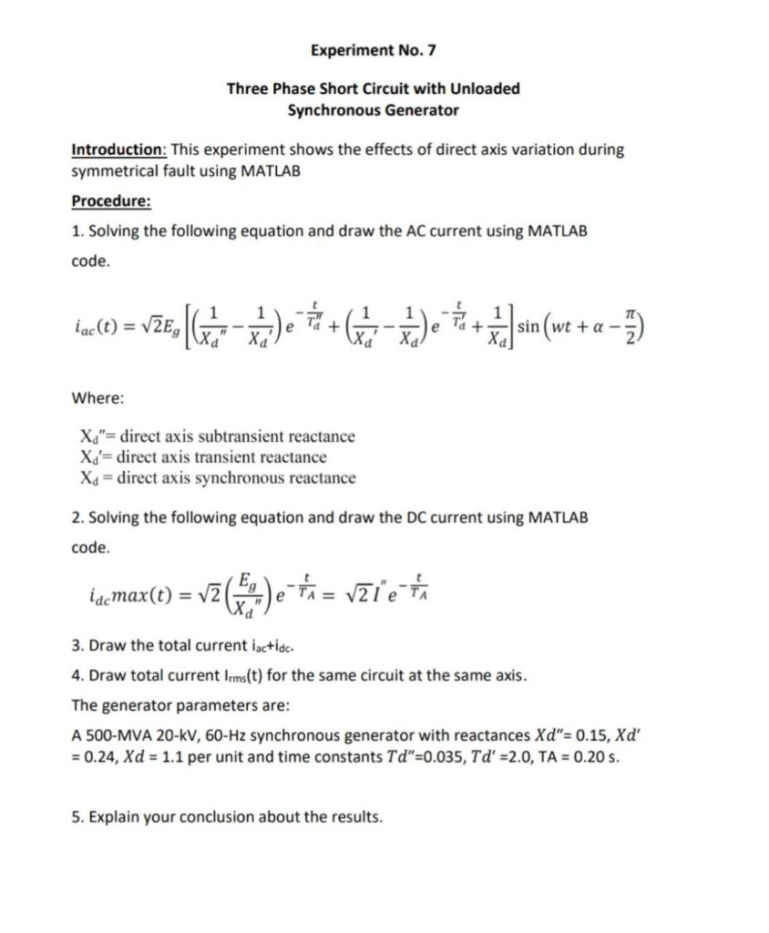 Solved Experiment No. 7 Three Phase Short Circuit with | Chegg.com