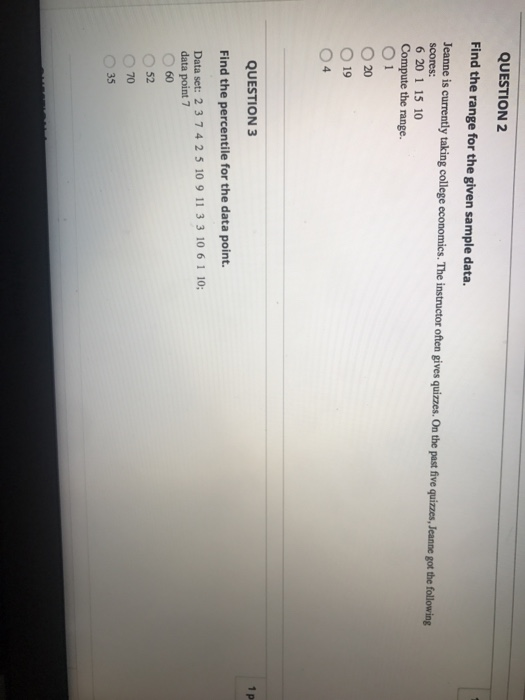 Solved QUESTION 2 Find the range for the given sample data. | Chegg.com