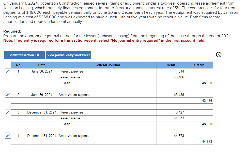 Solved On January 1, 2024, Robertson Construction Leased | Chegg.com
