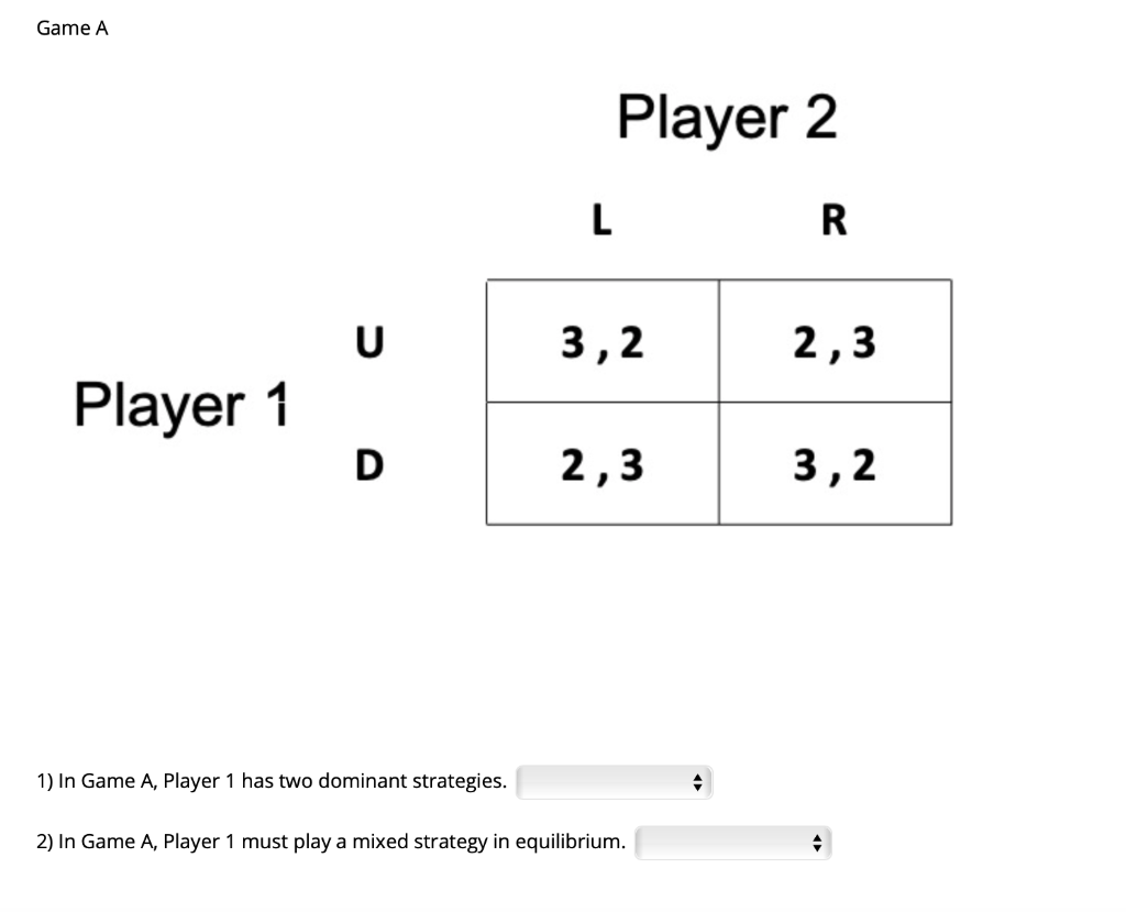 Solved Game A Player 2 L R U 3,2 2,3 Player 1 D 2,3 3,2 1) | Chegg.com
