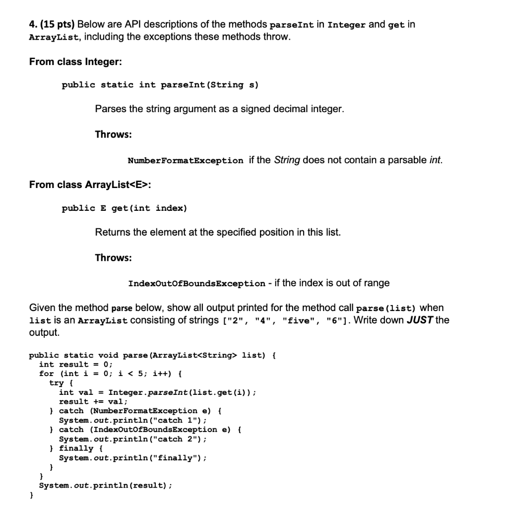 Solved 4. (15 pts) Below are API descriptions of the methods | Chegg.com