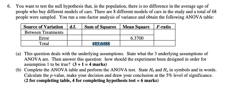 D.f. 6. You Want To Test The Null Hypothesis That ...