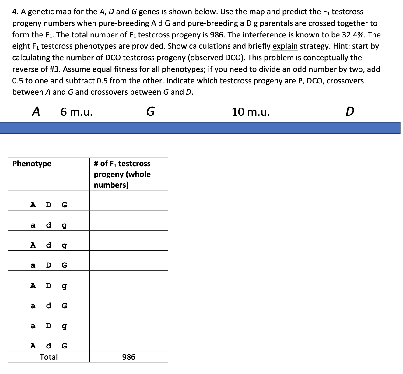 Solved 4. A genetic map for the A,D and G genes is shown | Chegg.com