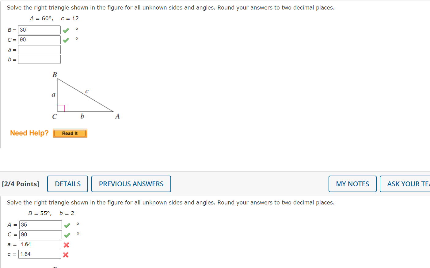 Solved Solve The Right Triangle Shown In The Figure For All 6667