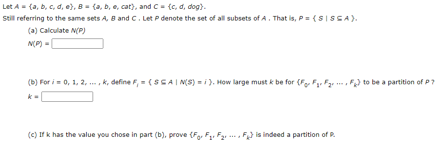 Solved Let A = {a, B, C, D, E}, B = {a,b, E, Cat}, And C = | Chegg.com