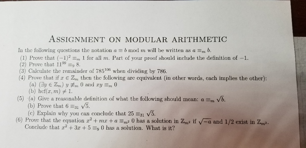 Solved ASSIGNMENT ON MODULAR ARITHMETIC In The Following | Chegg.com