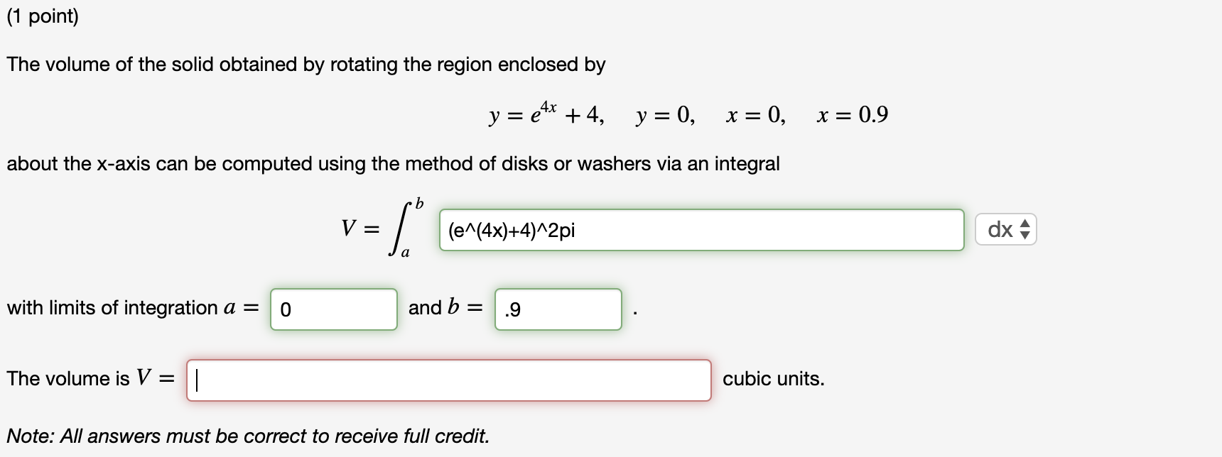 Solved (1 point) The volume of the solid obtained by | Chegg.com