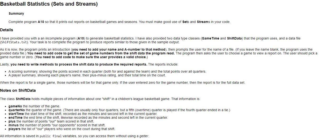 Solved sasketball Statistics (Sets and Streams) Summary | Chegg.com