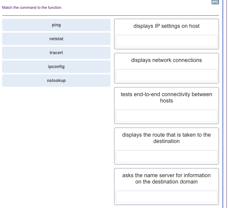 Answered Match the command to the function. ping displays