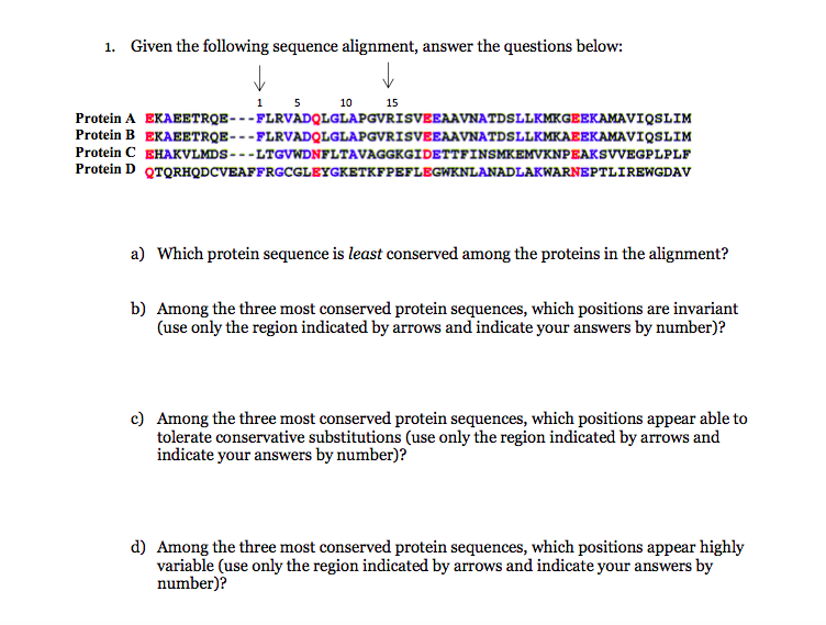 Solved 1. Given the following sequence alignment, answer the | Chegg.com
