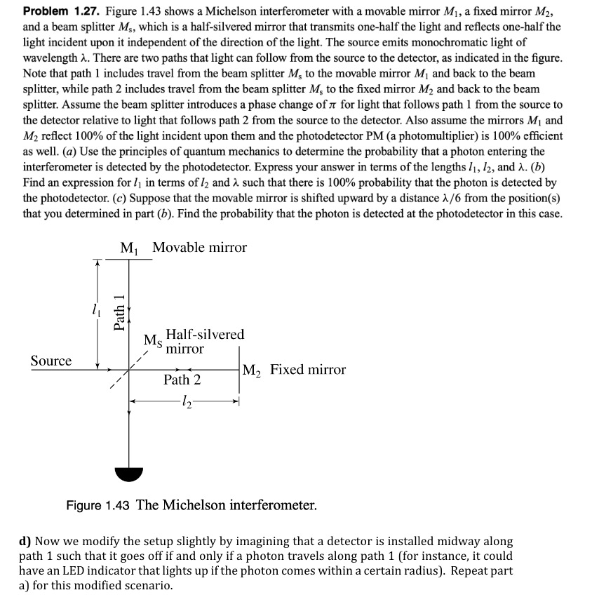 Solved Problem 1.27. Figure 1.43 shows a Michelson | Chegg.com