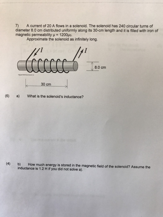 Solved A current of 20 A flows in a solenoid. The solenoid | Chegg.com