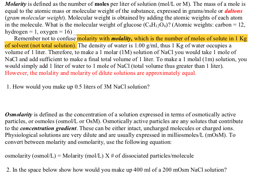 Solved Molarity is defined as the number of moles per liter | Chegg.com