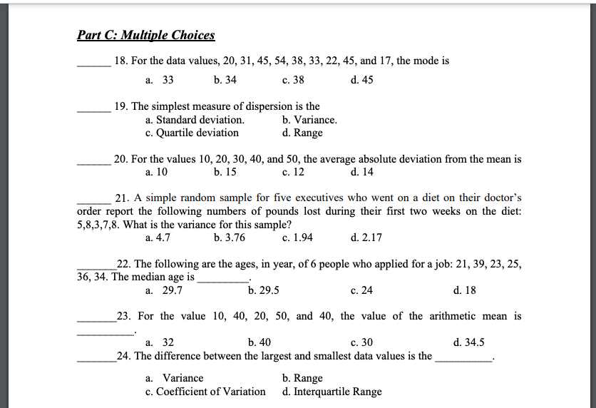 Solved Part C: Multiple Choices 18. For The Data Values, 20, 