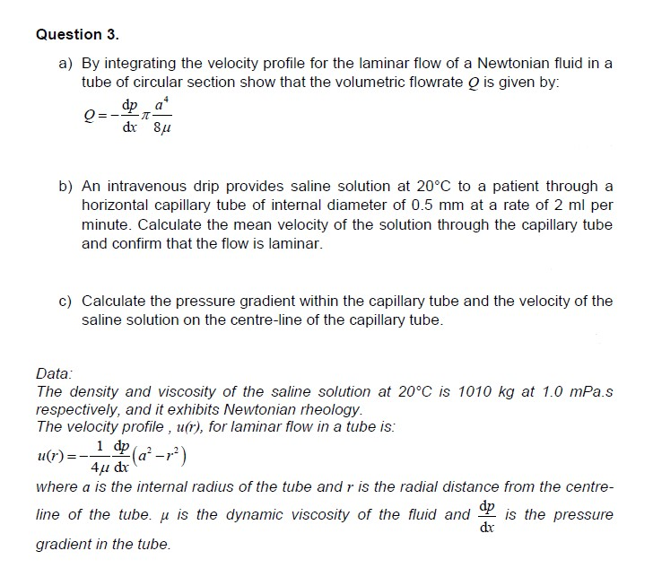 Solved Question 3. a) By integrating the velocity profile | Chegg.com
