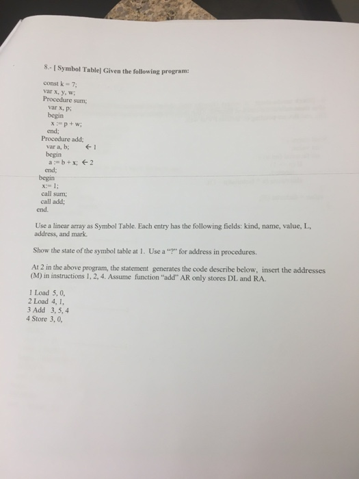 Solved 8 Symbol Table Given Following Program Const K 7 Var X Y W Procedure Sum Var X P Begin Xp Q