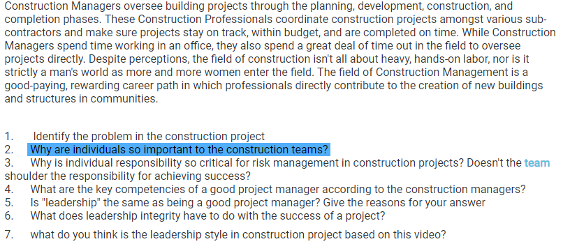 Solved Construction Managers oversee building projects | Chegg.com