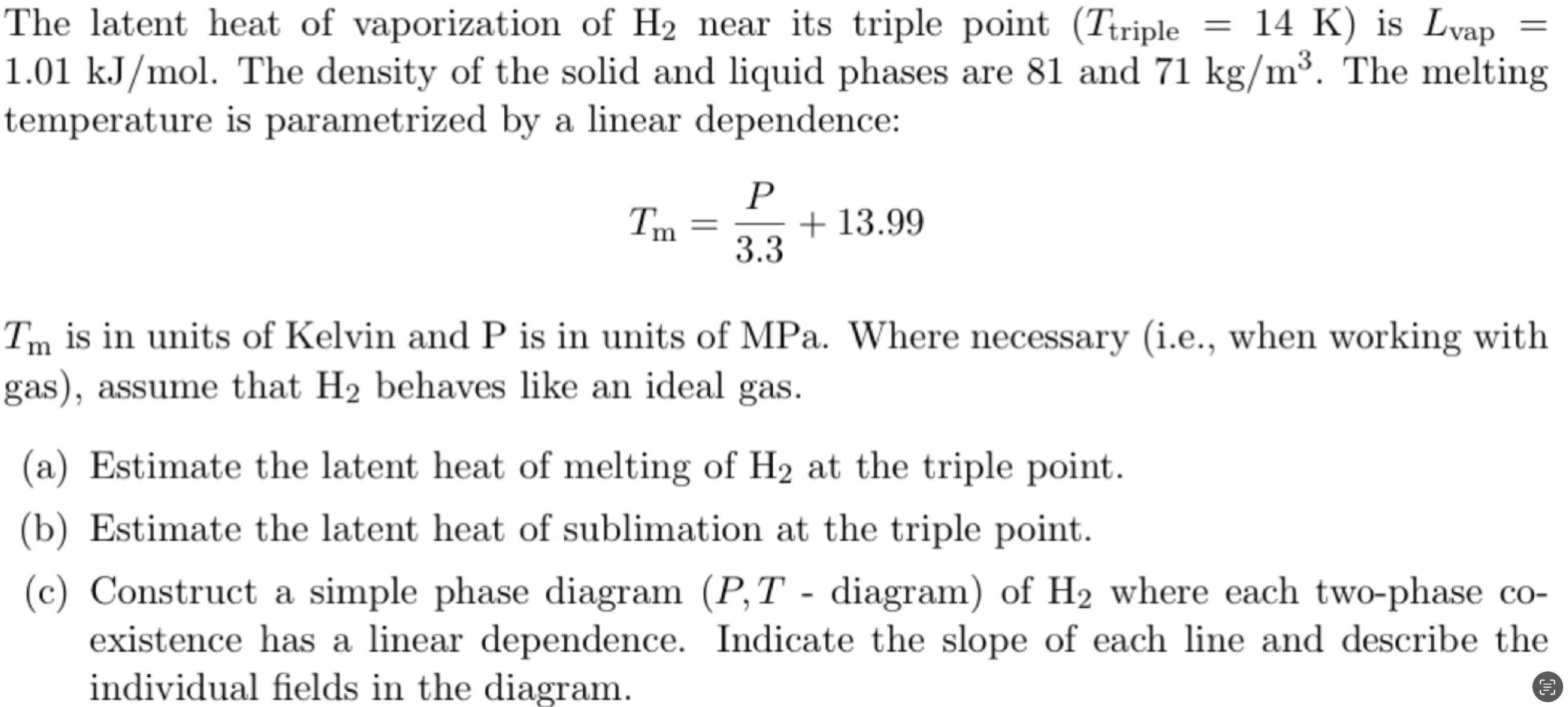 Solved The latent heat of vaporization of H2 ﻿near its | Chegg.com