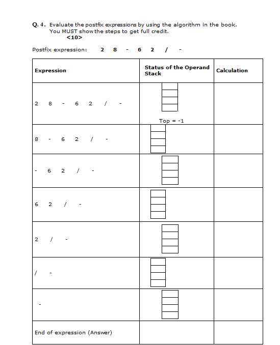 Solved Q. 4. Evaluate the postfix expressions by using the | Chegg.com