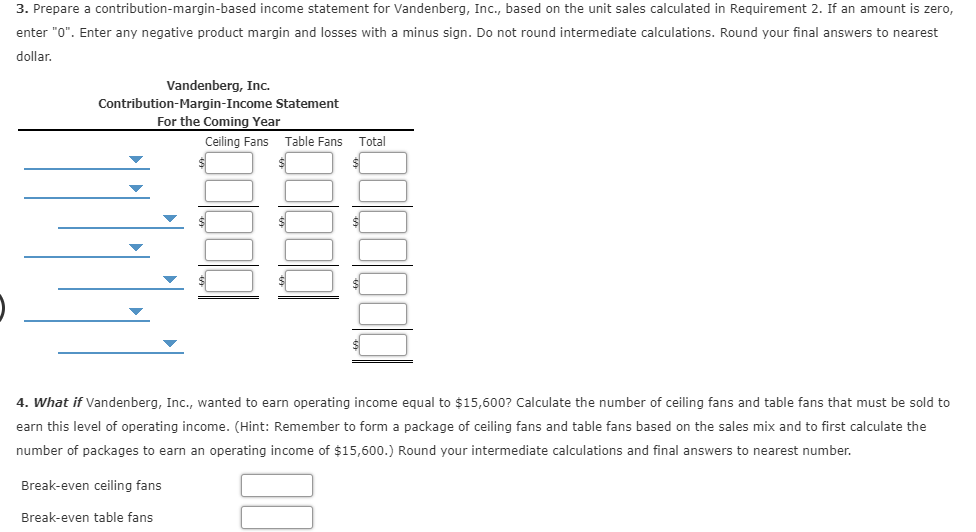 Solved Multiple Product Break Even And Target Profit Vand