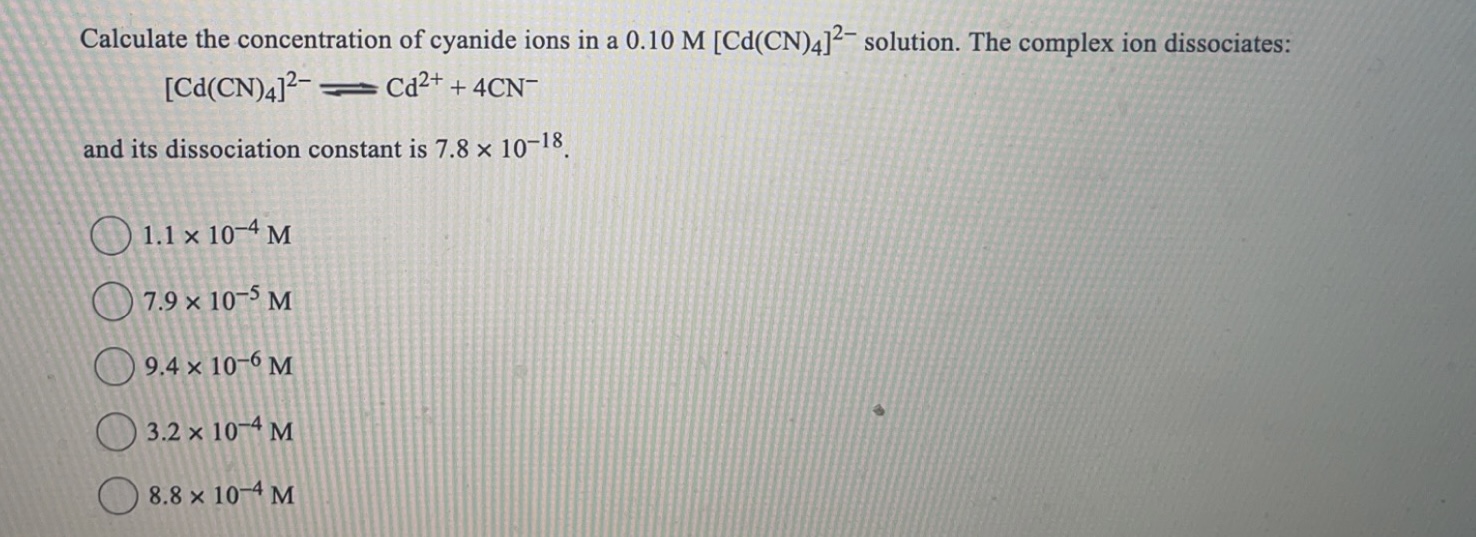 Solved Calculate the concentration of cyanide ions in a | Chegg.com