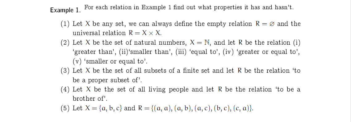Solved Example 1. For each relation in Example 1 find out | Chegg.com