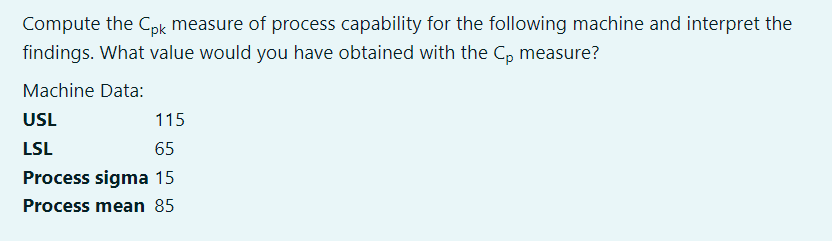 Compute the \( C_{p k} \) measure of process capability for the following machine and interpret the findings. What value woul