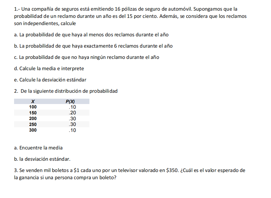 1.- Una compañía de seguros está emitiendo 16 pólizas de seguro de automóvil. Supongamos que la probabilidad de un reclamo du