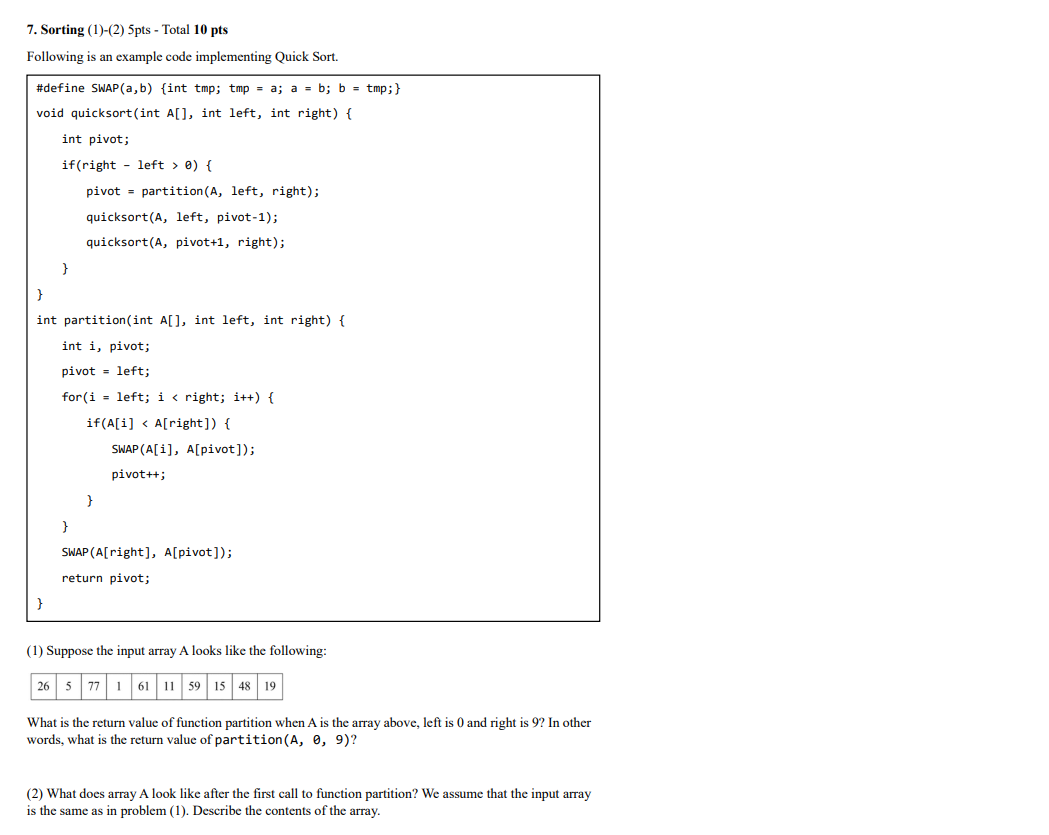 Solved 7. Sorting (1)-(2) 5pts - Total 10 pts Following is | Chegg.com
