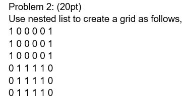Solved Problem 2: (20pt) Use nested list to create a grid as | Chegg.com